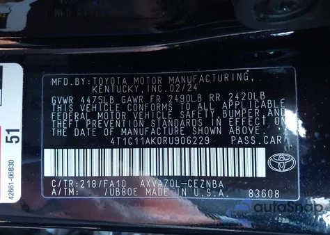 2024 Toyota Camry Le из США, поврежденный, VIN 4T1C11AK0RU906229